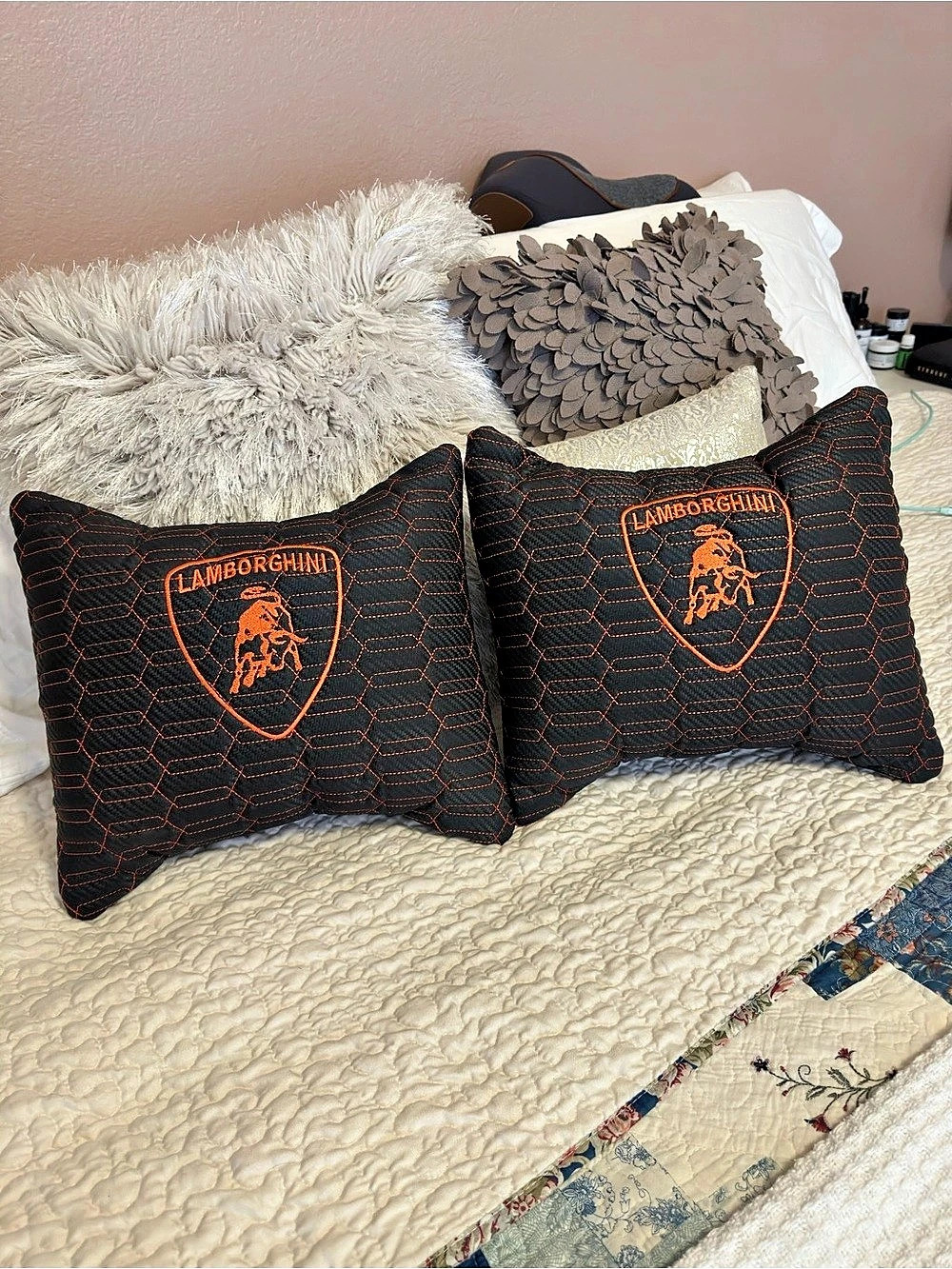 2 Lamborghini Embroidered Lumbar Pillows in Black & Orange
